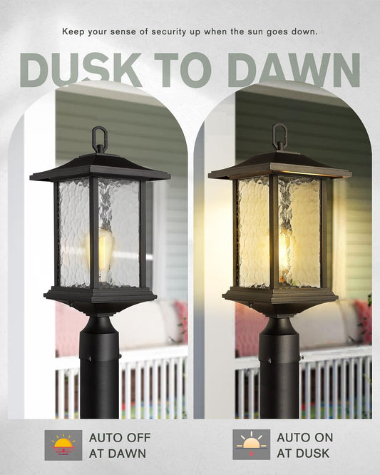 Beionxii Dusk to Dawn Outdoor Post Lights, 21inch Large Exterior Lamp Post Light Pier Mount Lantern with Base, Black Cast Aluminum w/Water Glass - A272P-2PK (NOT Solar, 110-120V AC)