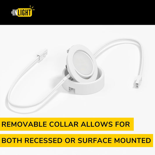 GETINLIGHT 2.75" Wide 4000K Swivel and Dimmable Wired LED Puck Lights Kit, Plug-in or Hardwired Installation, Recessed or Surface Mounted, White Finished, Set of 3, IN-0107-3-40