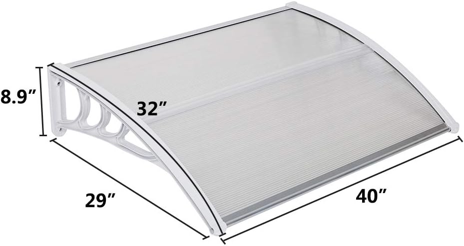Outvita Window Awning Door Canopy 40"x30", Polycarbonate Cover Front Door Outdoor Patio Awning Canopy UV Rain Snow Sunlight Protection Hollow Sheet, Clear Board & White Bracket
