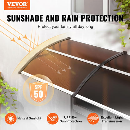 VEVOR 40" x 40" UPF 50+ Polycarbonate Window Door Awning Canopy, Modern Style, Brown Board & Black Bracket, Front Door Overhang Awning