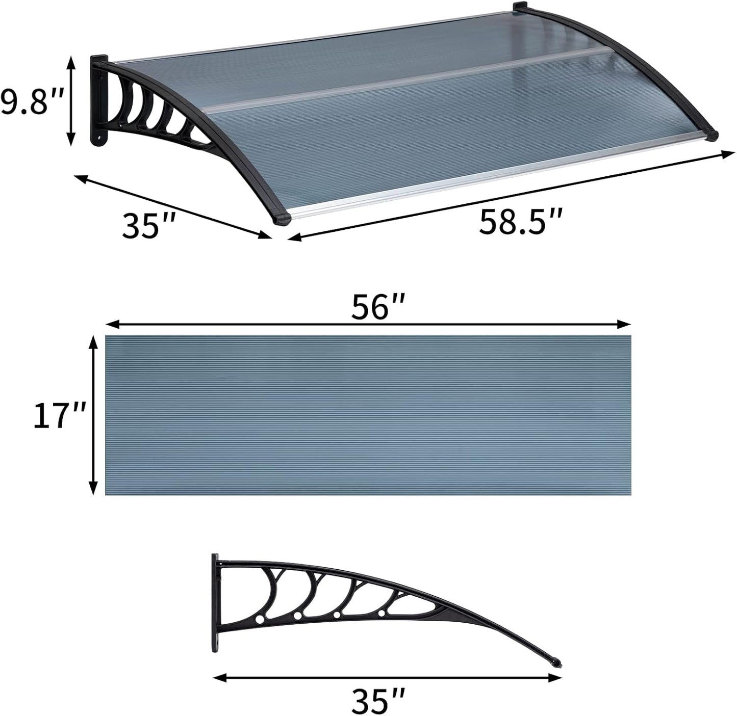MATICO 58.5" Outdoor Clear Door Awning Patio Window Cover Polycarbonate Rain & Snow Protection, Modern Hollow Sheet with UV Protection Cover, Window Door Awning Canopy,Smoke Gray/Black-Edge