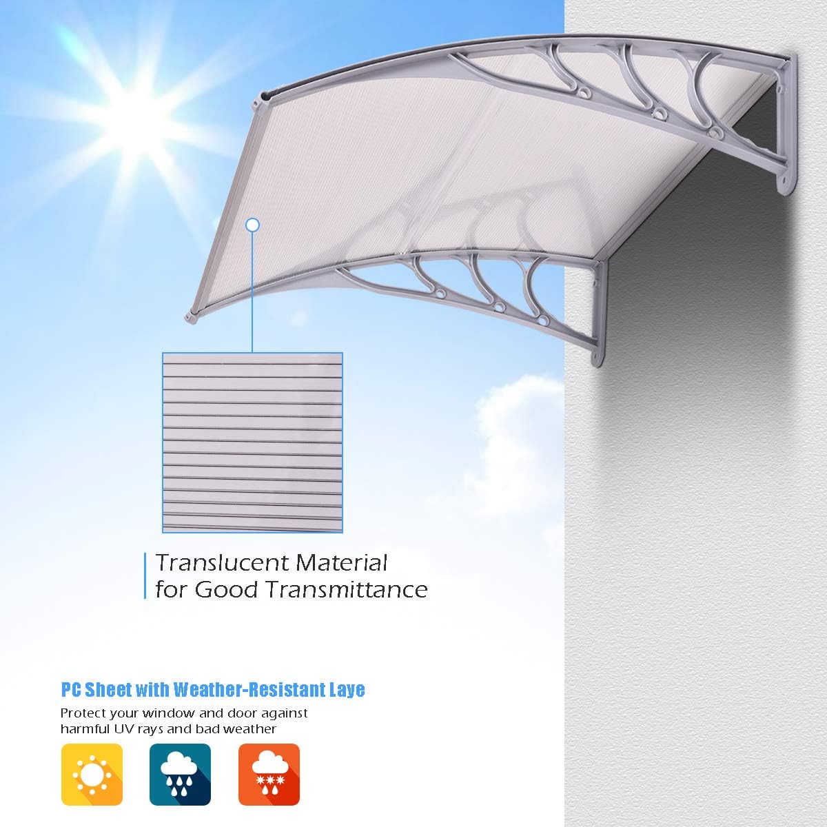 MATICO 58.5" Outdoor Clear Door Awning Patio Window Cover Polycarbonate Rain & Snow Protection, Modern Hollow Sheet with UV Protection Cover, Window Door Awning Canopy,Smoke Gray/Black-Edge