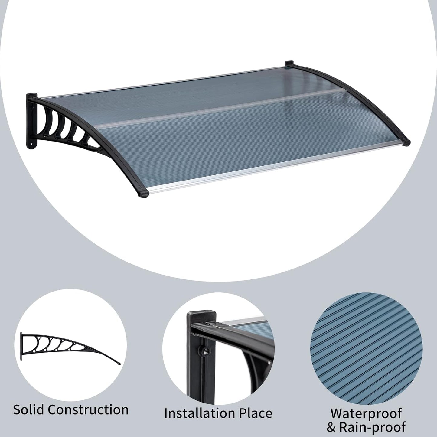 MATICO 58.5" Outdoor Clear Door Awning Patio Window Cover Polycarbonate Rain & Snow Protection, Modern Hollow Sheet with UV Protection Cover, Window Door Awning Canopy,Smoke Gray/Black-Edge