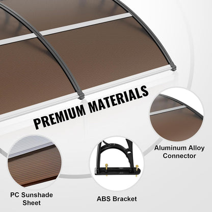 VEVOR 40" x 40" UPF 50+ Polycarbonate Window Door Awning Canopy, Modern Style, Brown Board & Black Bracket, Front Door Overhang Awning